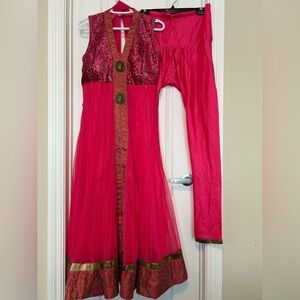 Vibrant Pink Traditional Dress with Gold Accents